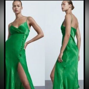 Zara Vibrant Green Elegant Silk Dress with slit